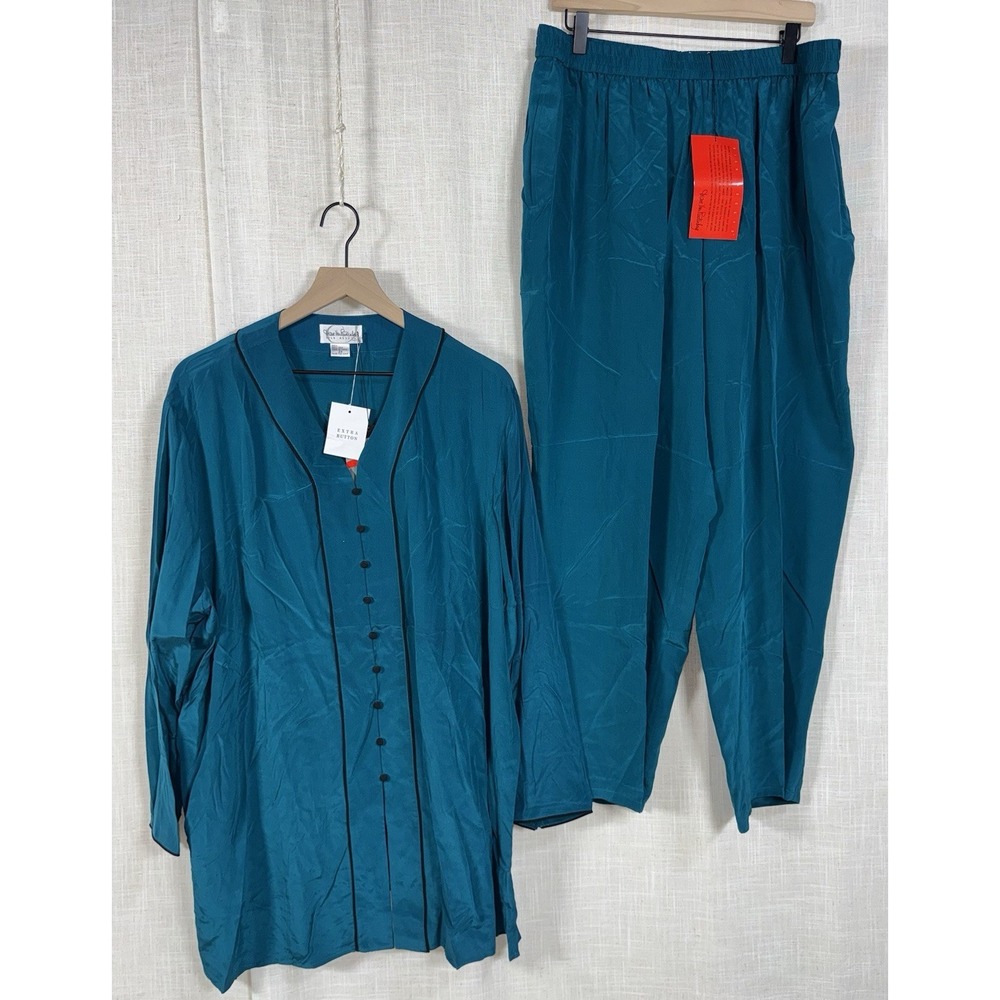 Vintage NWT Diane Von Furstenberg 100% Silk Teal Blouse Pants Outfit Women's 2X